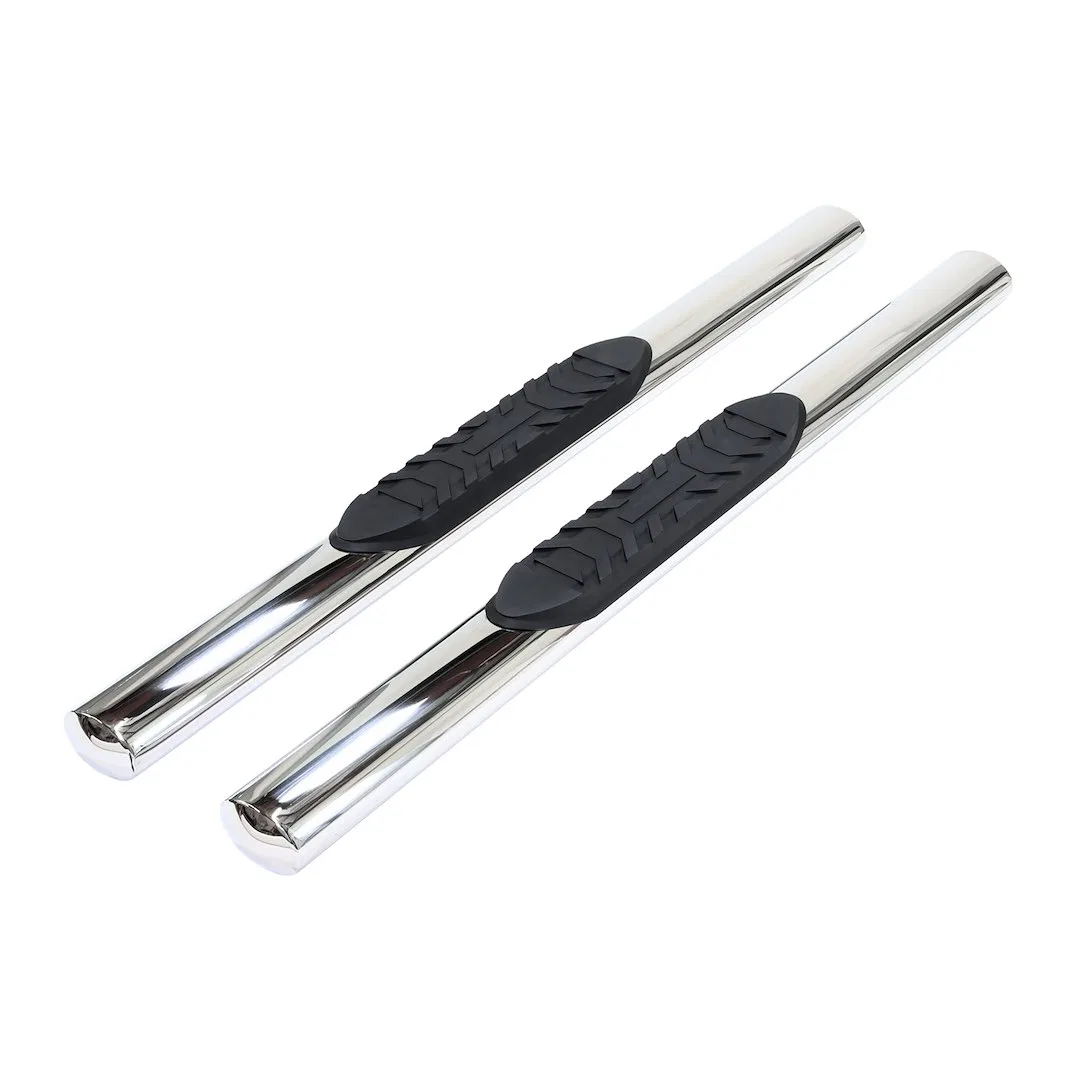 A1556S – TRAILFX Nerf Bar, With Step Pads 4 Inch Oval Straight Polished Steel With Welded End Caps Rocker Panel Mount